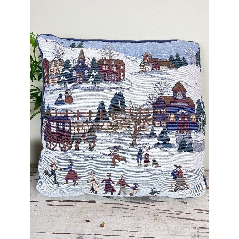 Vintage Hand Sewn Decorative Throw Pillow Winter Skating Scene Holiday Decor 15”